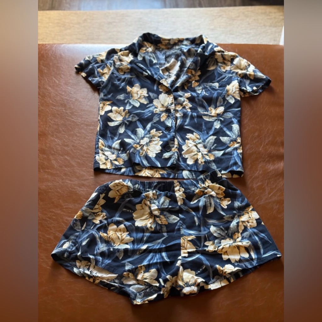 Reformation Blue And Cream Floral Blouse And Shorts Two Piece Set